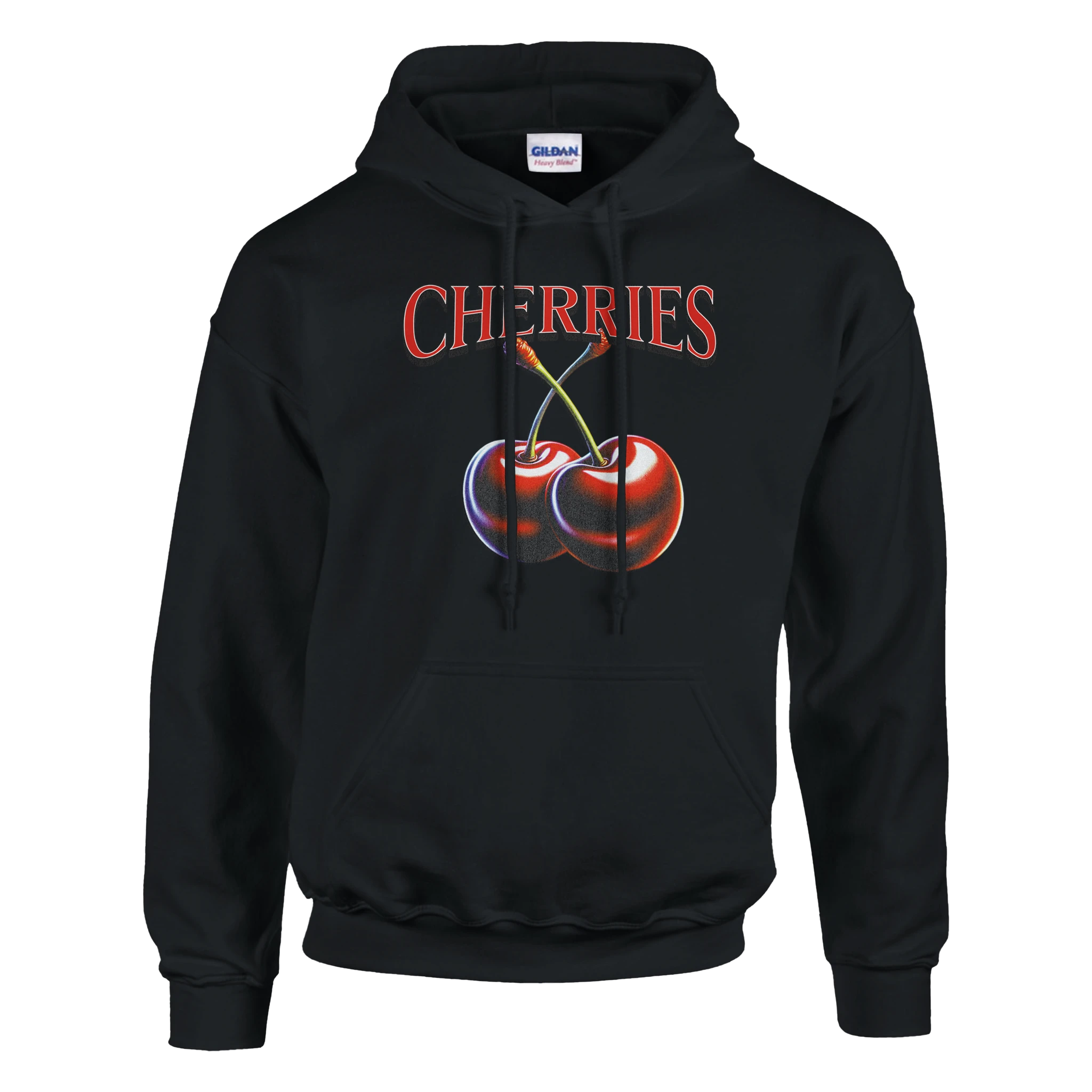 Black hoodie featuring bold CHERRIES text and a two-cherries graphic.