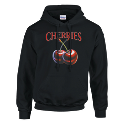 Black hoodie featuring bold CHERRIES text and a two-cherries graphic.