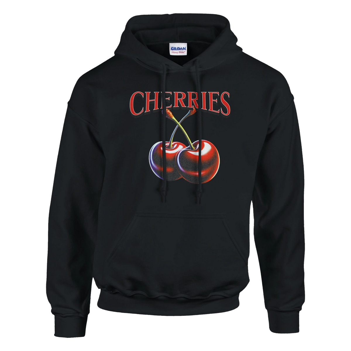 Black hoodie featuring bold CHERRIES text and a two-cherries graphic.