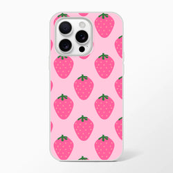 Pink strawberry-pattern iPhone case for 13-16 with kawaii fruit aesthetic and camera cutout