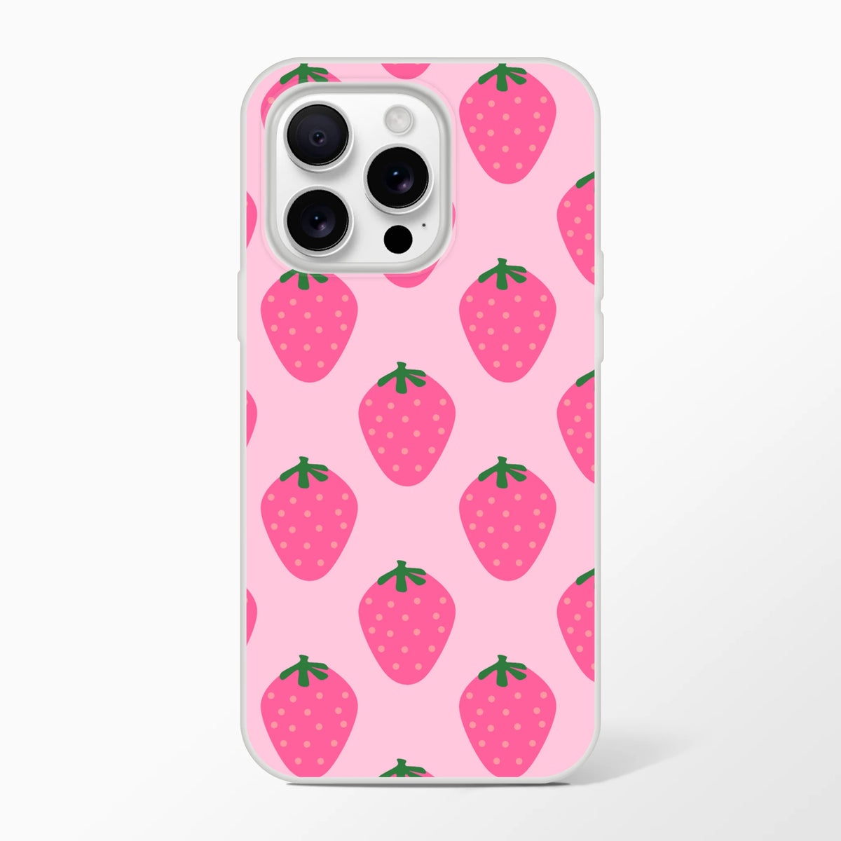 Pink strawberry-pattern iPhone case for 13-16 with kawaii fruit aesthetic and camera cutout