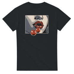 Women's Pop Art Lips graphic tee featuring cherries on a black soft cotton blend shirt.
