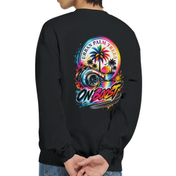 Black crewneck sweatshirt back featuring colorful "On Boost" turbocharger graphic with retro palm trees and sunset.