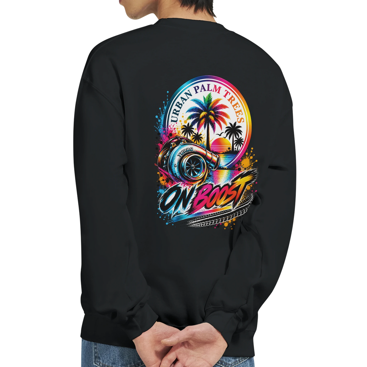 Black crewneck sweatshirt back featuring colorful "On Boost" turbocharger graphic with retro palm trees and sunset.