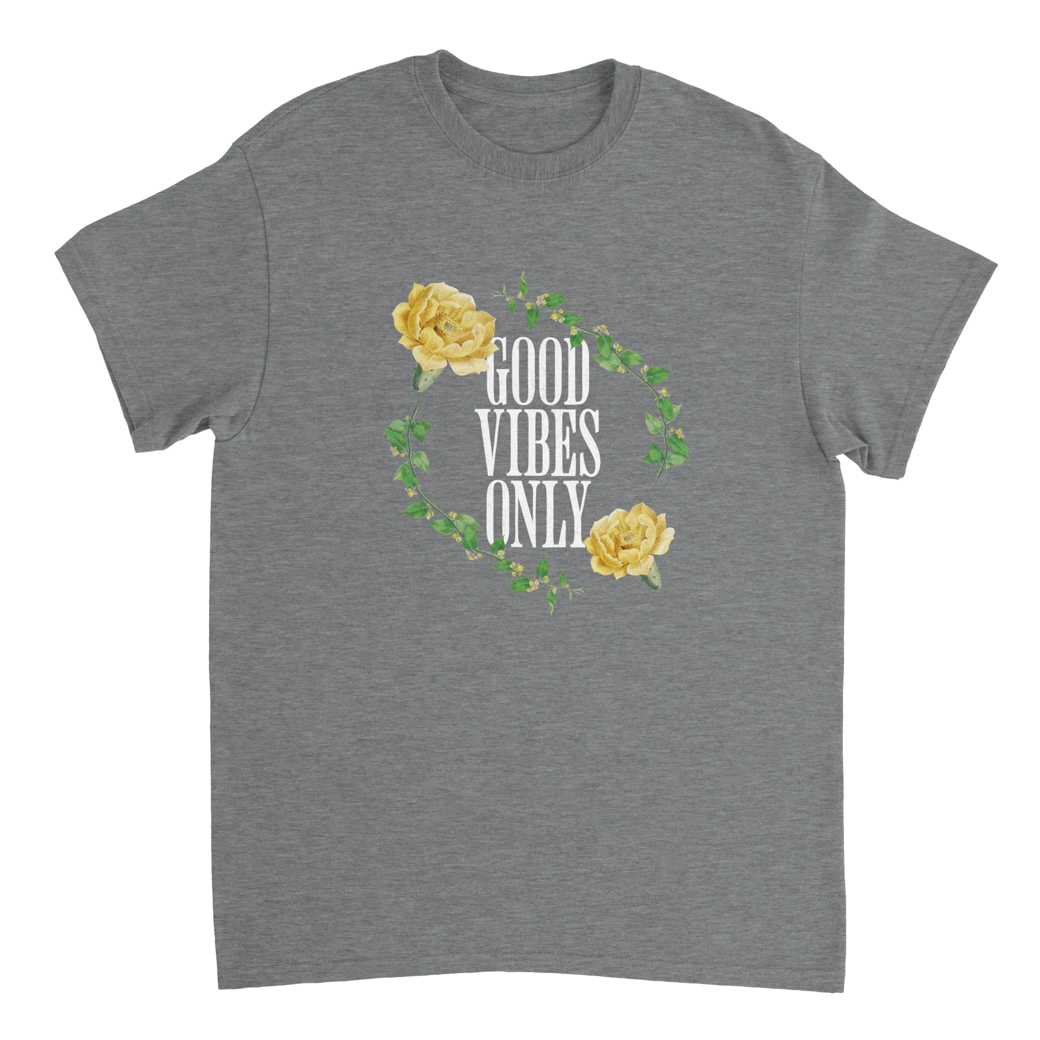 Heather gray women's graphic tee featuring Good Vibes Only in white, framed by a yellow rose wreath.