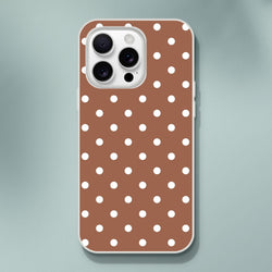 Retro brown and white polka dot iPhone case with matte finish and shock-absorbing TPU protection for models 13-16.