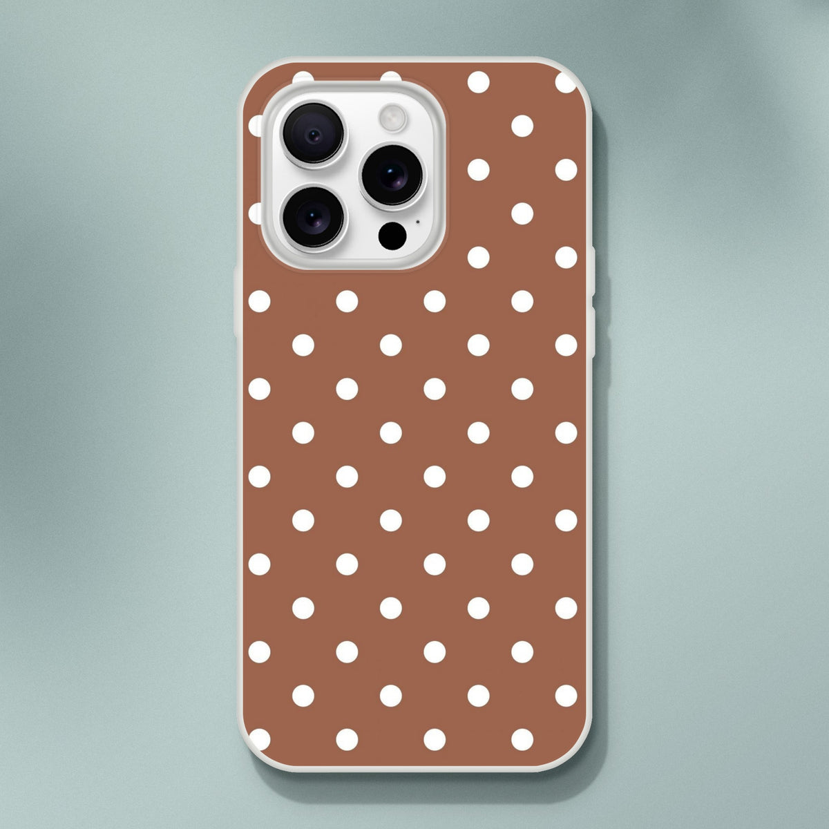 Retro brown and white polka dot iPhone case with matte finish and shock-absorbing TPU protection for models 13-16.