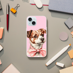 Pink dog portrait iPhone case with retro aesthetic, slim matte TPU protection for iPhone 13-16.