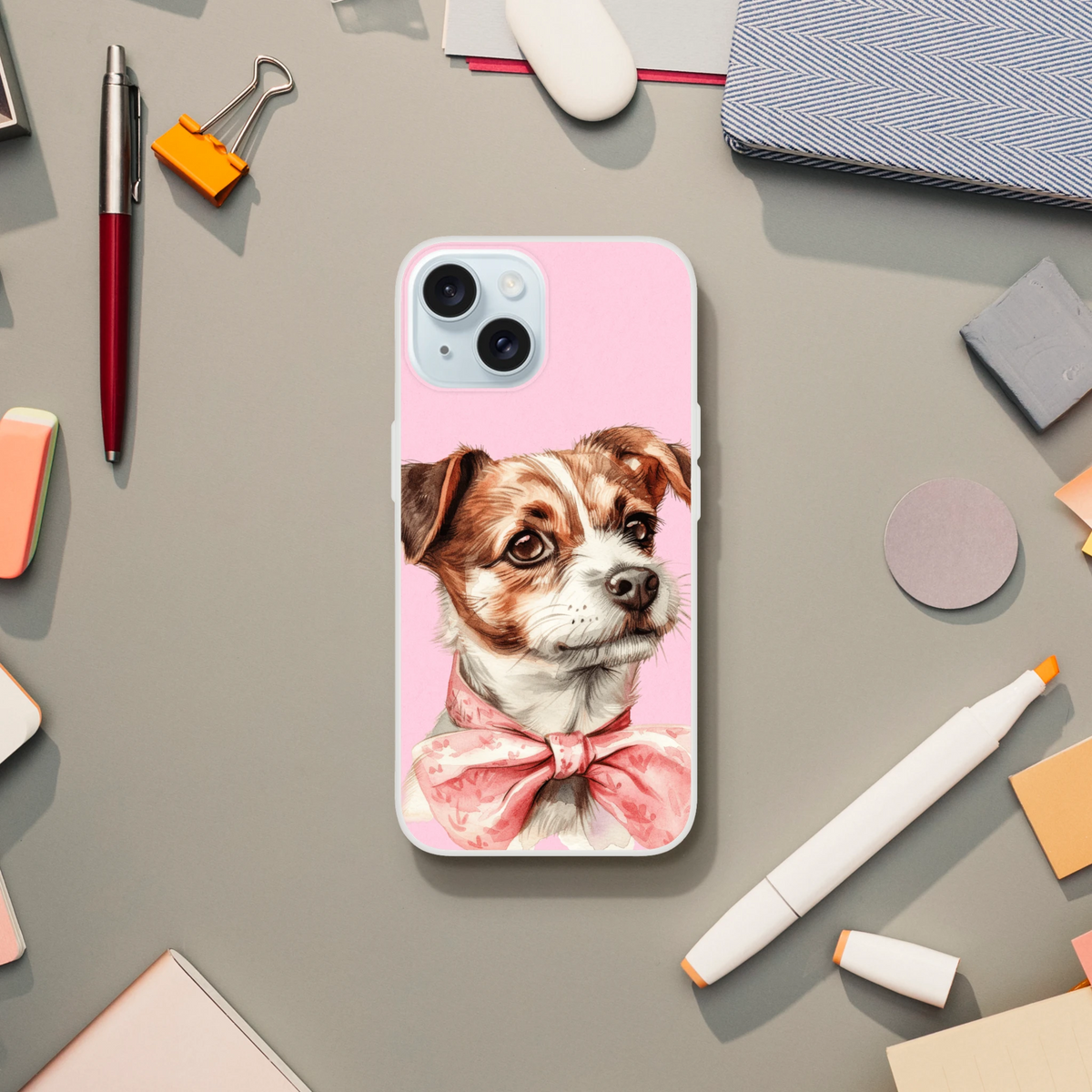 Pink dog portrait iPhone case with retro aesthetic, slim matte TPU protection for iPhone 13-16.