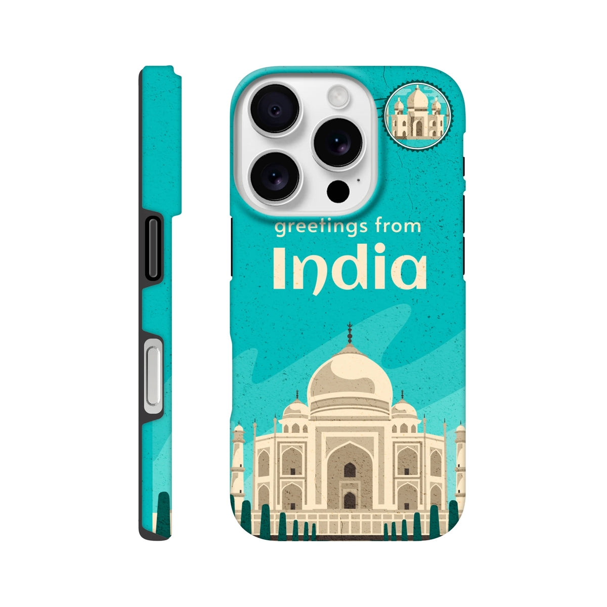 Turquoise India Taj Mahal postcard iPhone case with Taj Mahal illustration and India text
