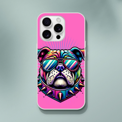 Y2K Bulldog iPhone case (13-16) pink with retro dog graphic, sunglasses, and bold rays