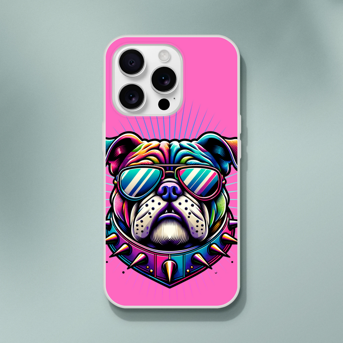 Y2K Bulldog iPhone case (13-16) pink with retro dog graphic, sunglasses, and bold rays