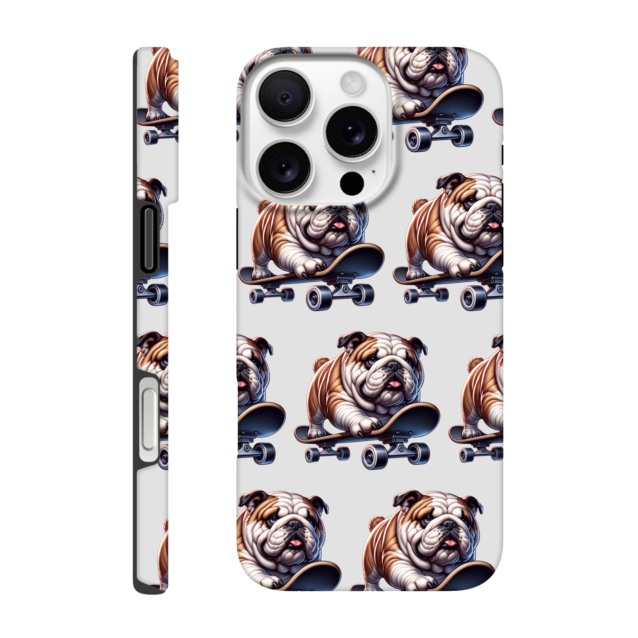 British Bulldog skateboard pattern protective case for iPhone 16/15/14/13 with dual-layer wraparound print, glossy