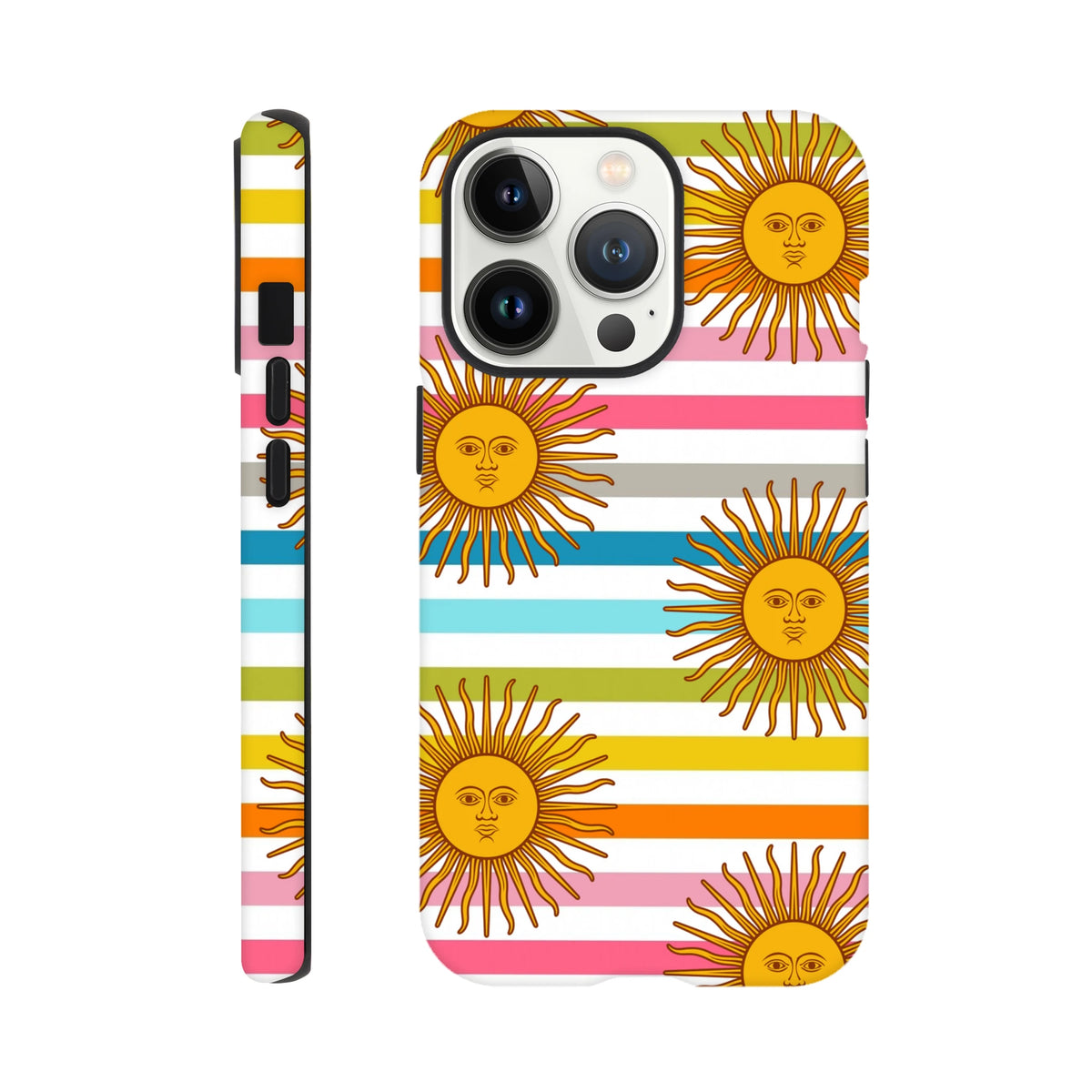 Retro celestial iPhone case featuring golden sun faces on colorful horizontal stripes. Tough, wraparound design with street-ready daily protection.