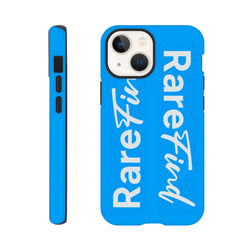Rare Find blue tough iPhone case featuring bold vertical white typography and streetwear slogan design for iPhone 13-16.
