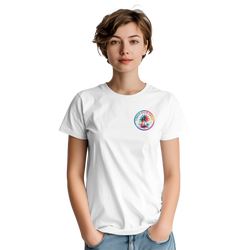 White crew neck t-shirt featuring a colorful retro Urban Palm Trees graphic on the chest.
