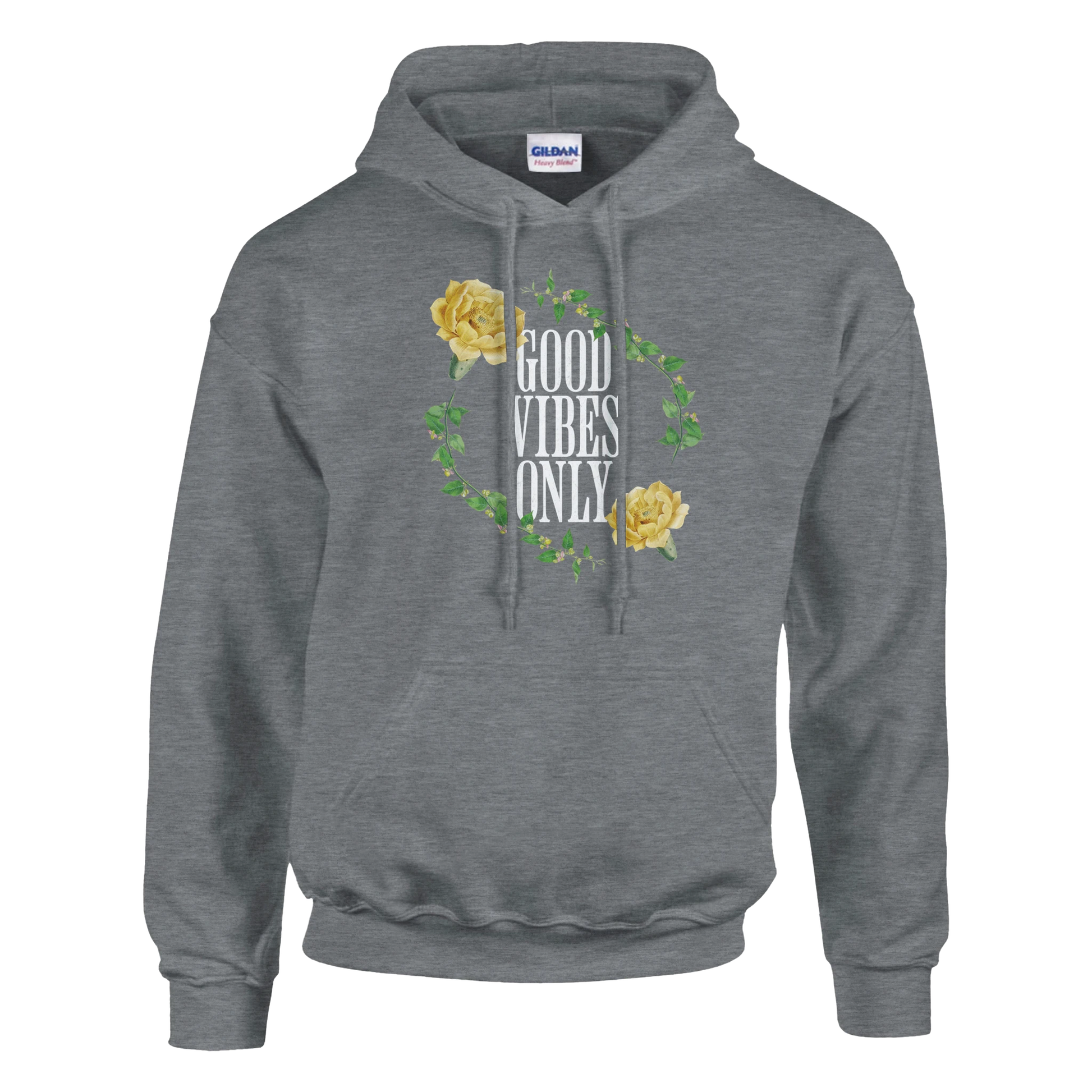 Gray women's graphic hoodie with 'GOOD VIBES ONLY' slogan, framed by a floral vine and yellow roses.