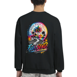 Black Full Send petrolhead sweater back view featuring colorful Urban Palm Trees graphic with tire tracks and gradient sunset design.