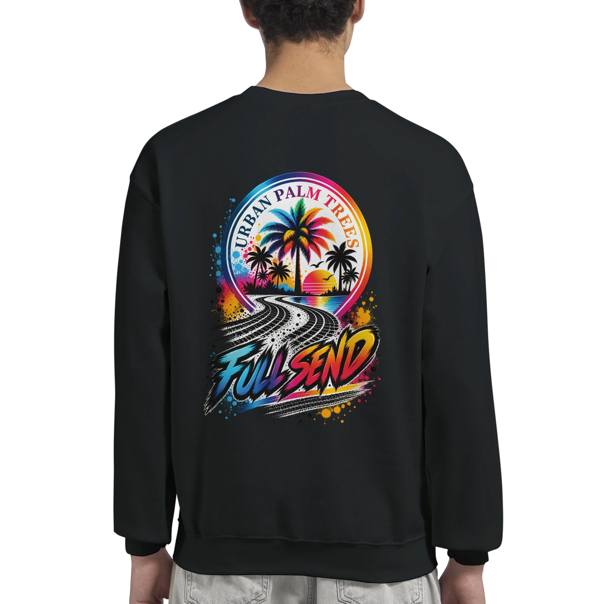 Black Full Send petrolhead sweater back view featuring colorful Urban Palm Trees graphic with tire tracks and gradient sunset design.