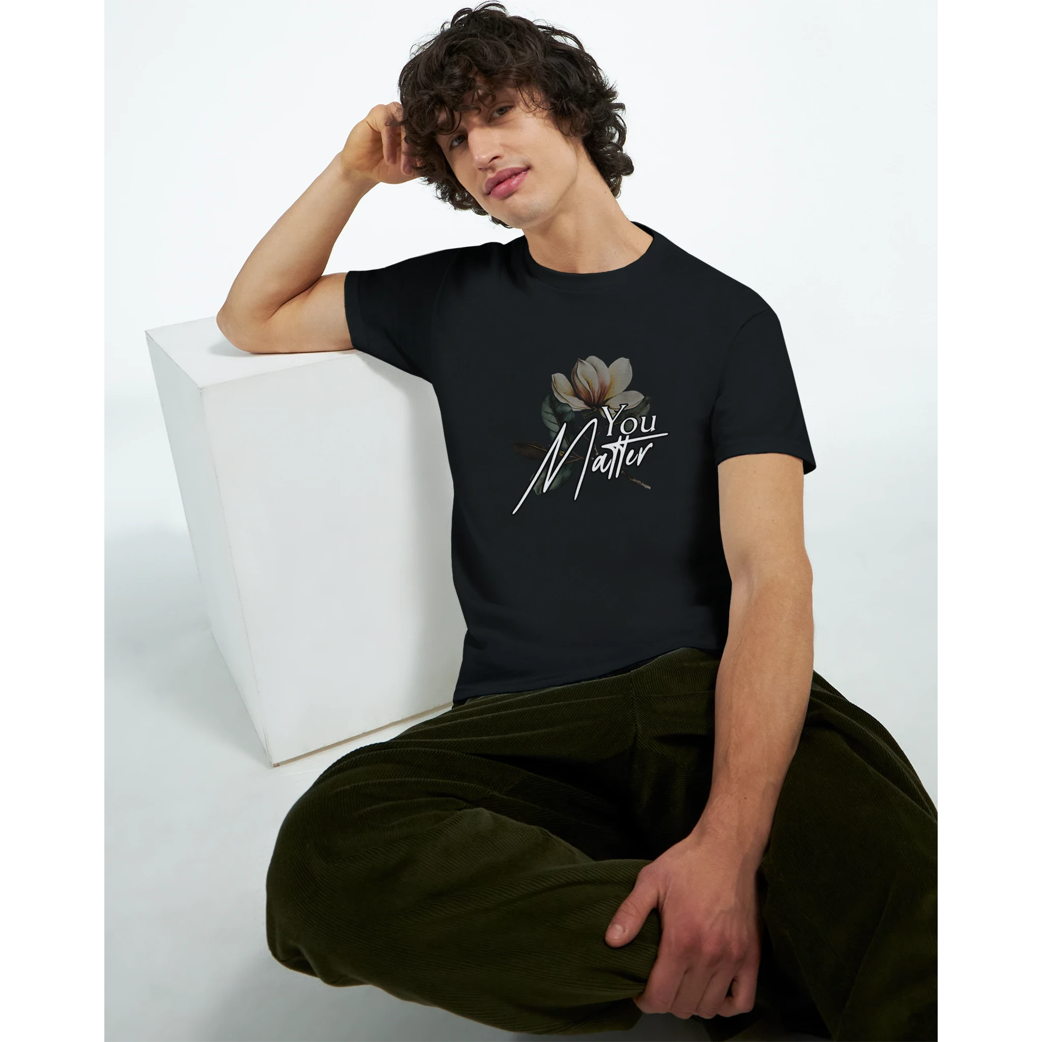 You Matter slogan men's graphic tee with floral illustration on black soft cotton blend.