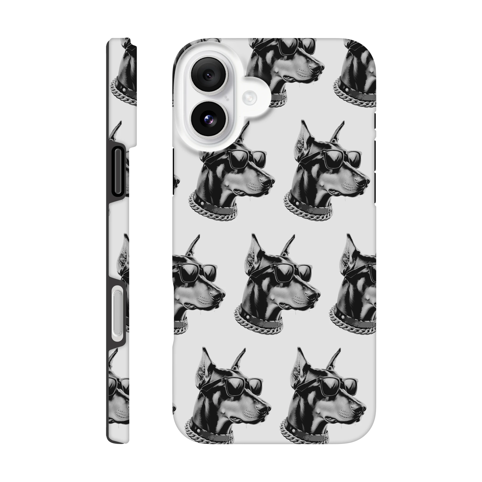 Doberman heads wearing sunglasses and a chain collar on a wraparound glossy iPhone case.
