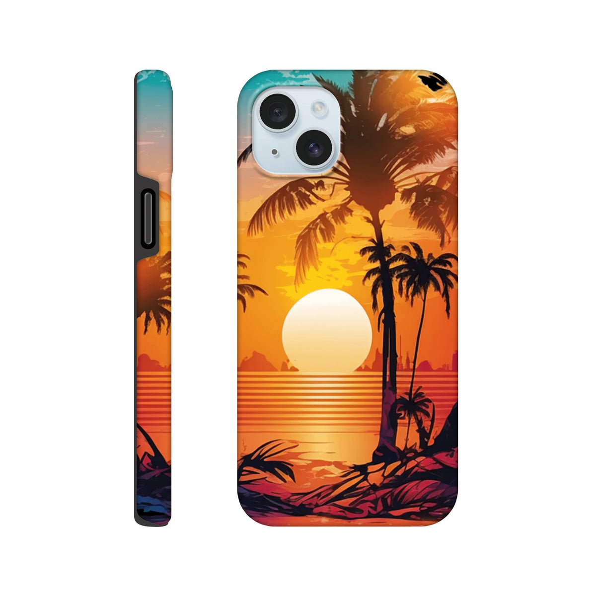 Retro tropical sunset phone case featuring palm tree silhouettes and vibrant orange gradient over ocean water for iPhone 13-16.