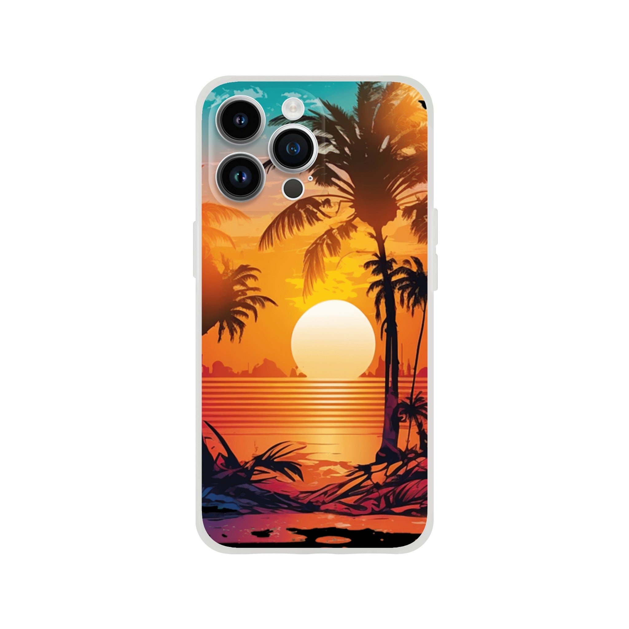 Tropical sunset palm trees design on a slim protective iPhone case for iPhone 16/15/14/13