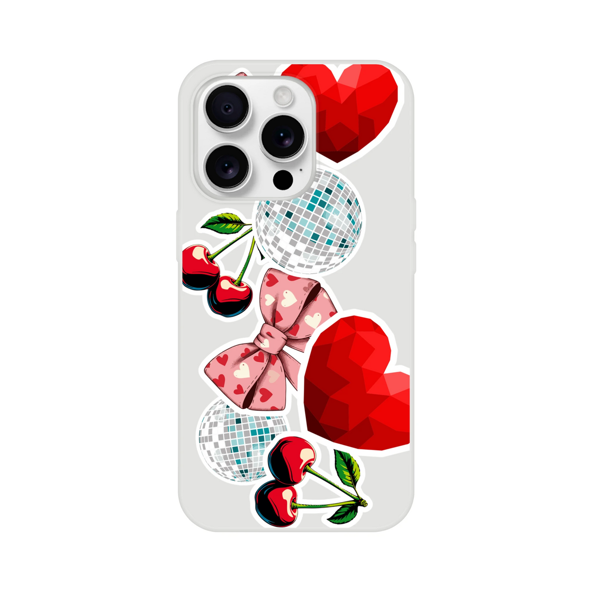 Transparent iPhone case featuring Y2K sticker art with cherries, pink heart bow, disco balls, and red geometric hearts.