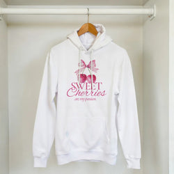 White cotton-blend women's hoodie with pink cherry graphic reading Sweet Cherries are my passion.