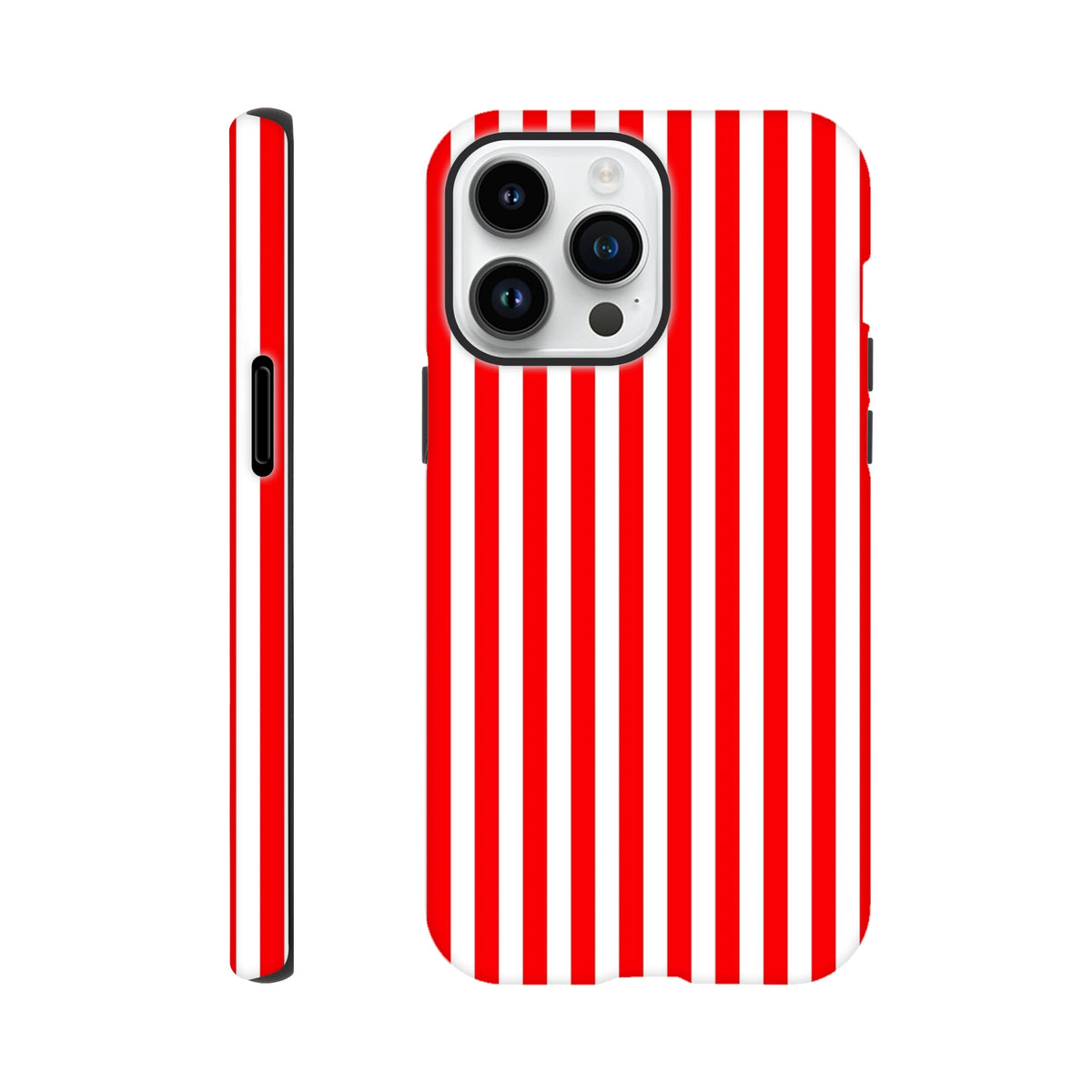 Retro red and white vertical striped tough iPhone case with rugged wraparound protection for daily carry.