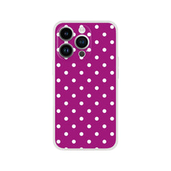 Retro purple and white polka dot iPhone case with matte finish and shock-absorbing TPU protection for models 13-16.