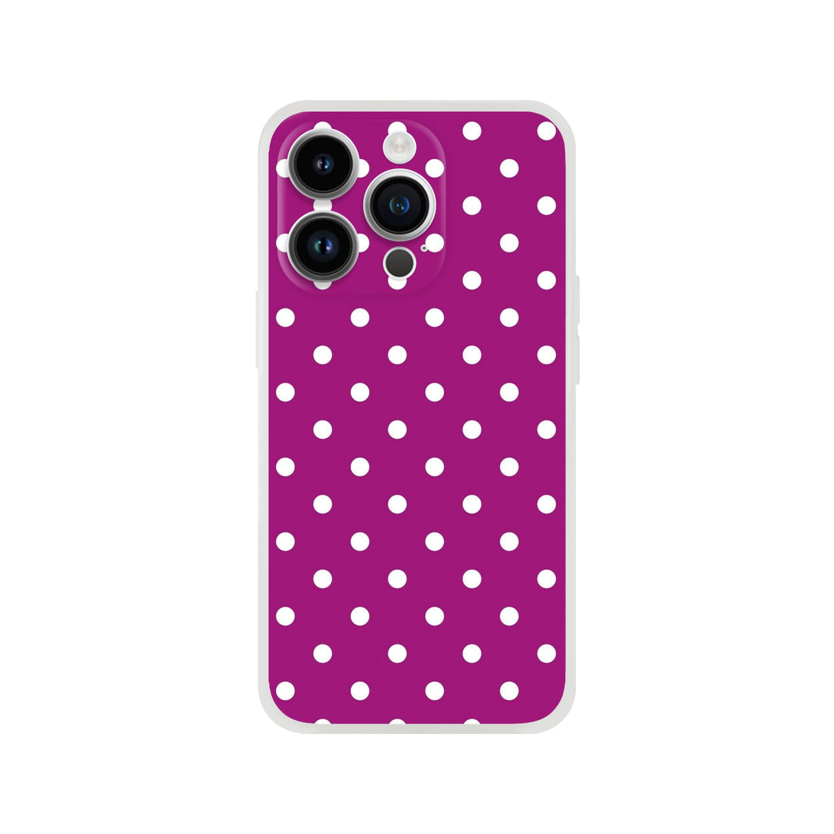 Retro purple and white polka dot iPhone case with matte finish and shock-absorbing TPU protection for models 13-16.
