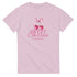 Pink women's graphic T-shirt with cherry print and bow, reads 'Sweet Cherries are my passion'.