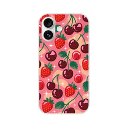 Retro pink iPhone case featuring a cute cherry and strawberry pattern with sparkles, designed for models 13 through 16.