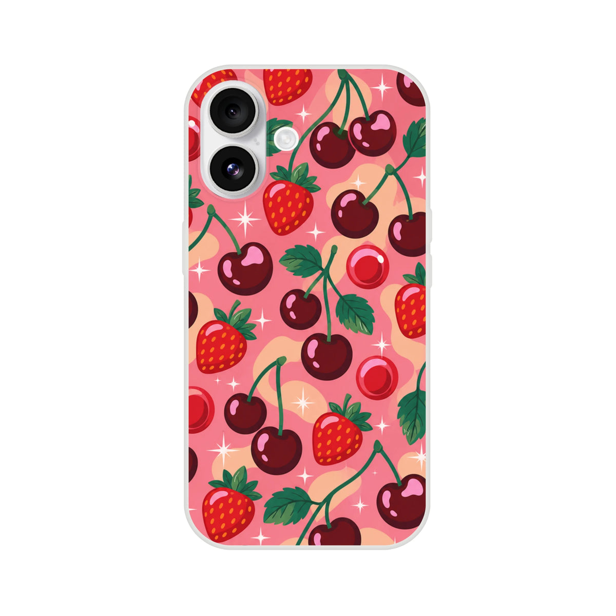 Retro pink iPhone case featuring a cute cherry and strawberry pattern with sparkles, designed for models 13 through 16.