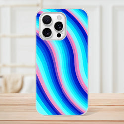 Blue and pink retro wave iPhone case for iPhone 13–16 with groovy Y2K swirl, slim matte shell