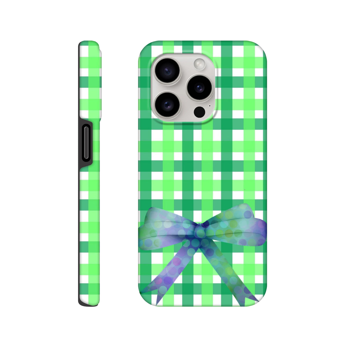 Green gingham iPhone case featuring a seamless wraparound print and a purple polka-dot coquette bow design.