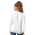 Back view of a woman wearing a white heavy-blend cotton-polyester sweatshirt with long sleeves.