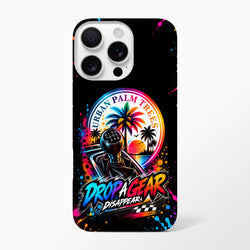 Black iPhone case featuring a colorful manual gear shift, palm trees, and "Drop A Gear" text with paint splatter accents.