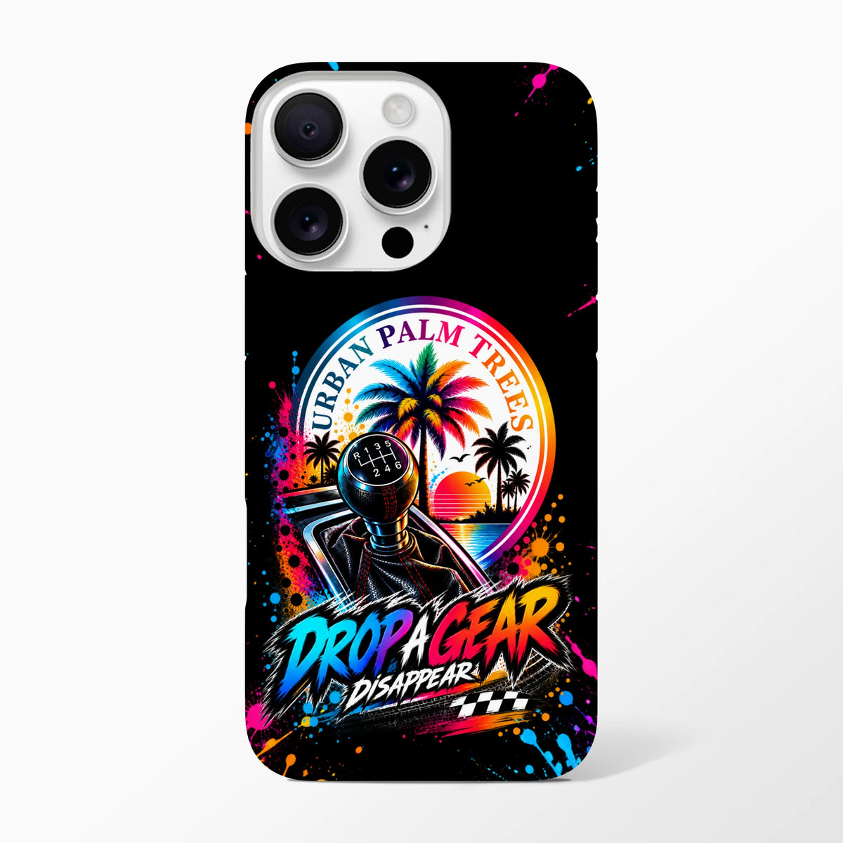 Black iPhone case featuring a colorful manual gear shift, palm trees, and "Drop A Gear" text with paint splatter accents.