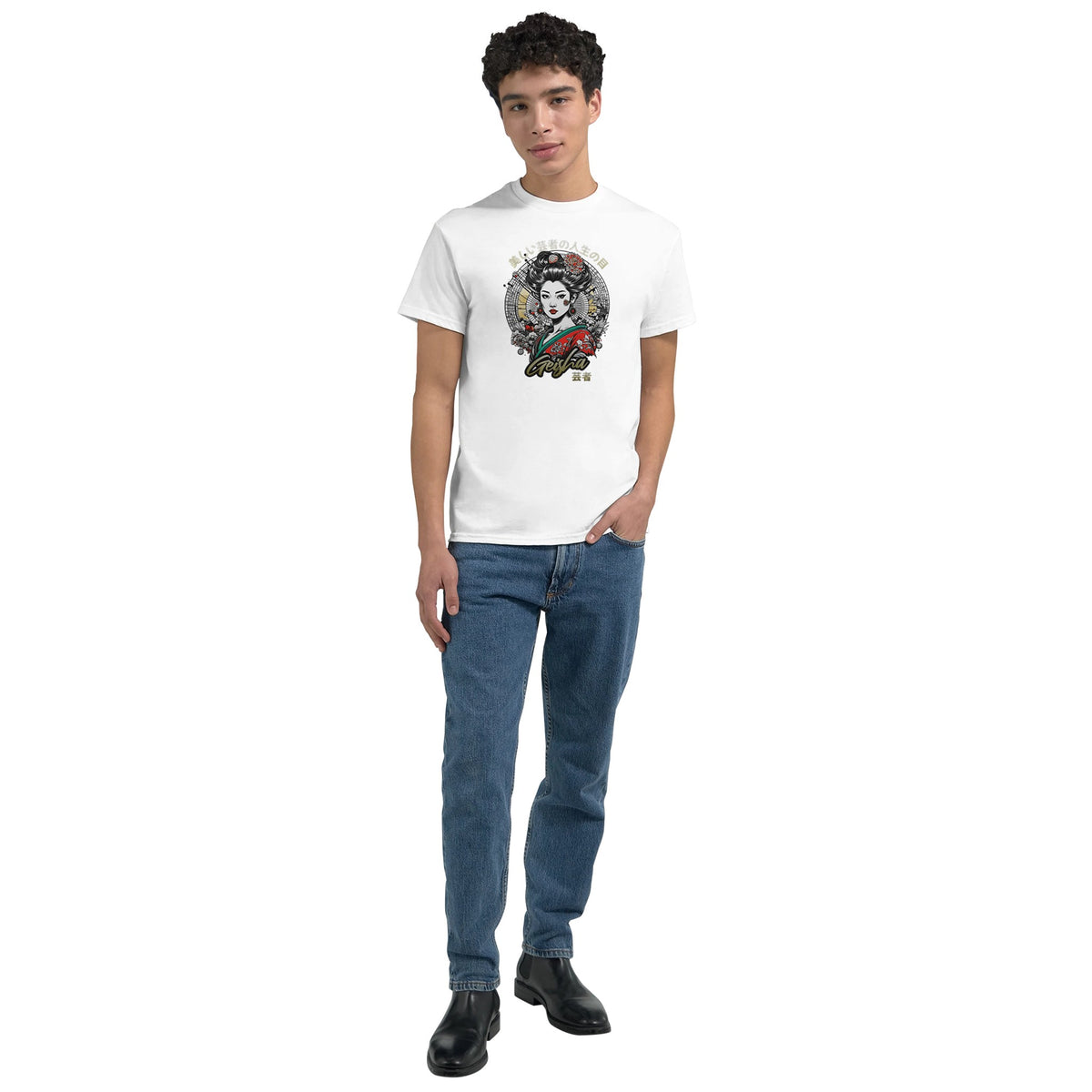 Men's Geisha Girl Japanese graphic T-shirt on white, crew-neck, short-sleeve with colorful geisha artwork.