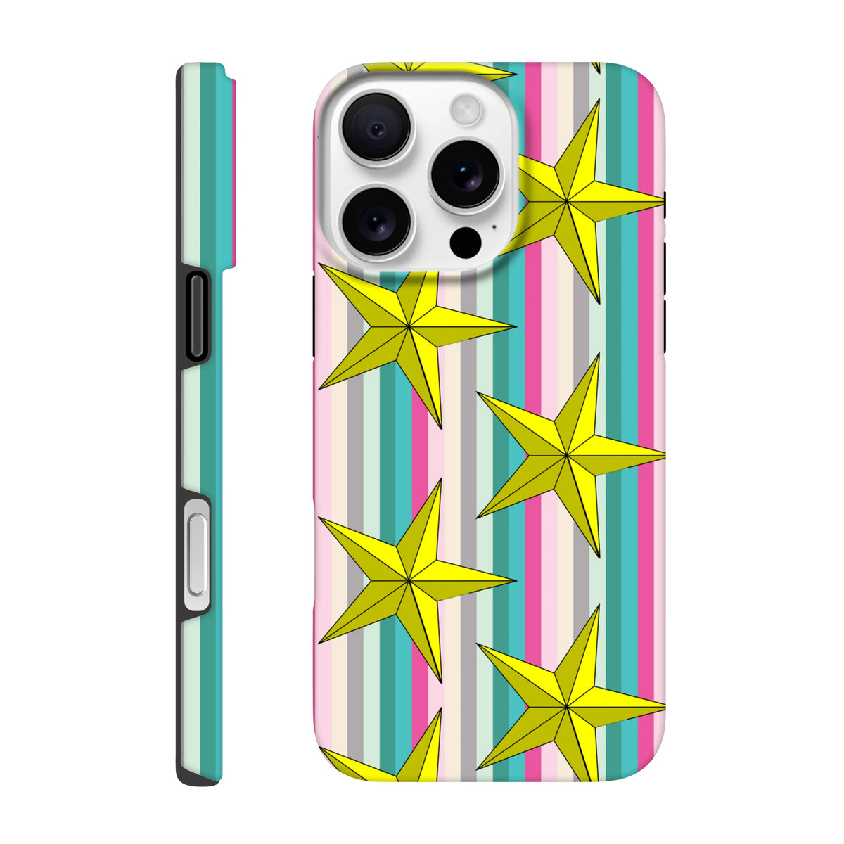 Retro iPhone case featuring yellow stars on pink and teal vertical stripes. Tough TPU protective cover for daily use and street style.