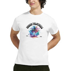 Men's white T-shirt with colorful palm tree illustration and Urban Palm Trees design, retro streetwear.