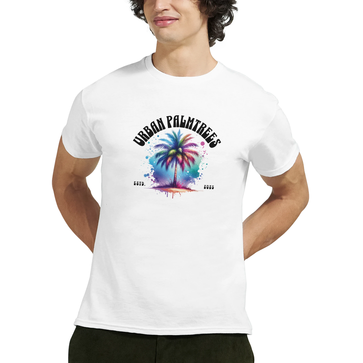 Men's white T-shirt with colorful palm tree illustration and Urban Palm Trees design, retro streetwear.