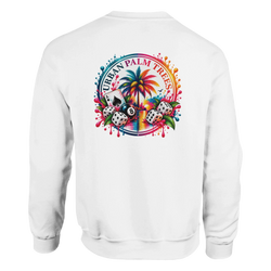 White sweatshirt back print featuring a colorful tropical retro design with an 8 ball, dice, playing card, and palm tree.