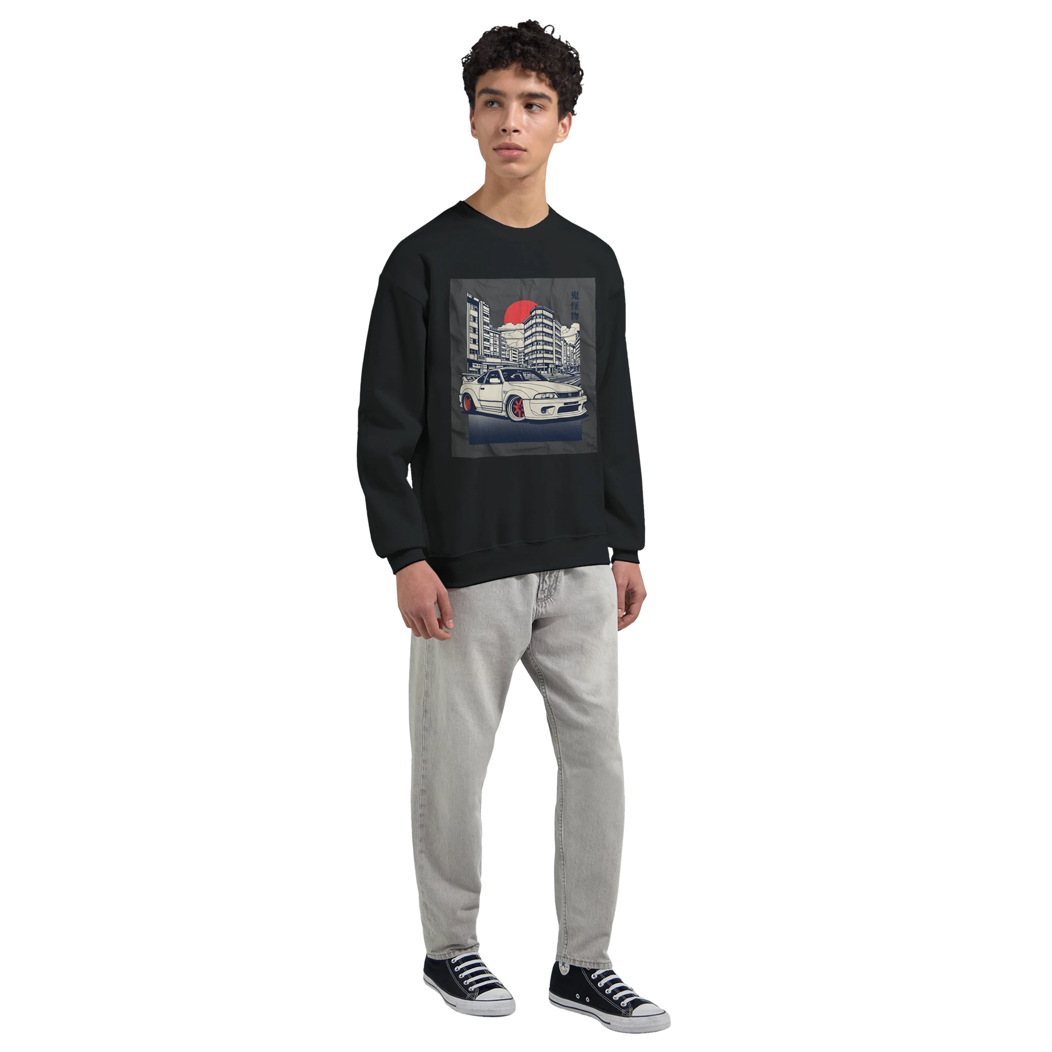 Male model wearing Car Jumper JDM Sweatshirt; black, soft cotton-poly blend with urban car graphic.