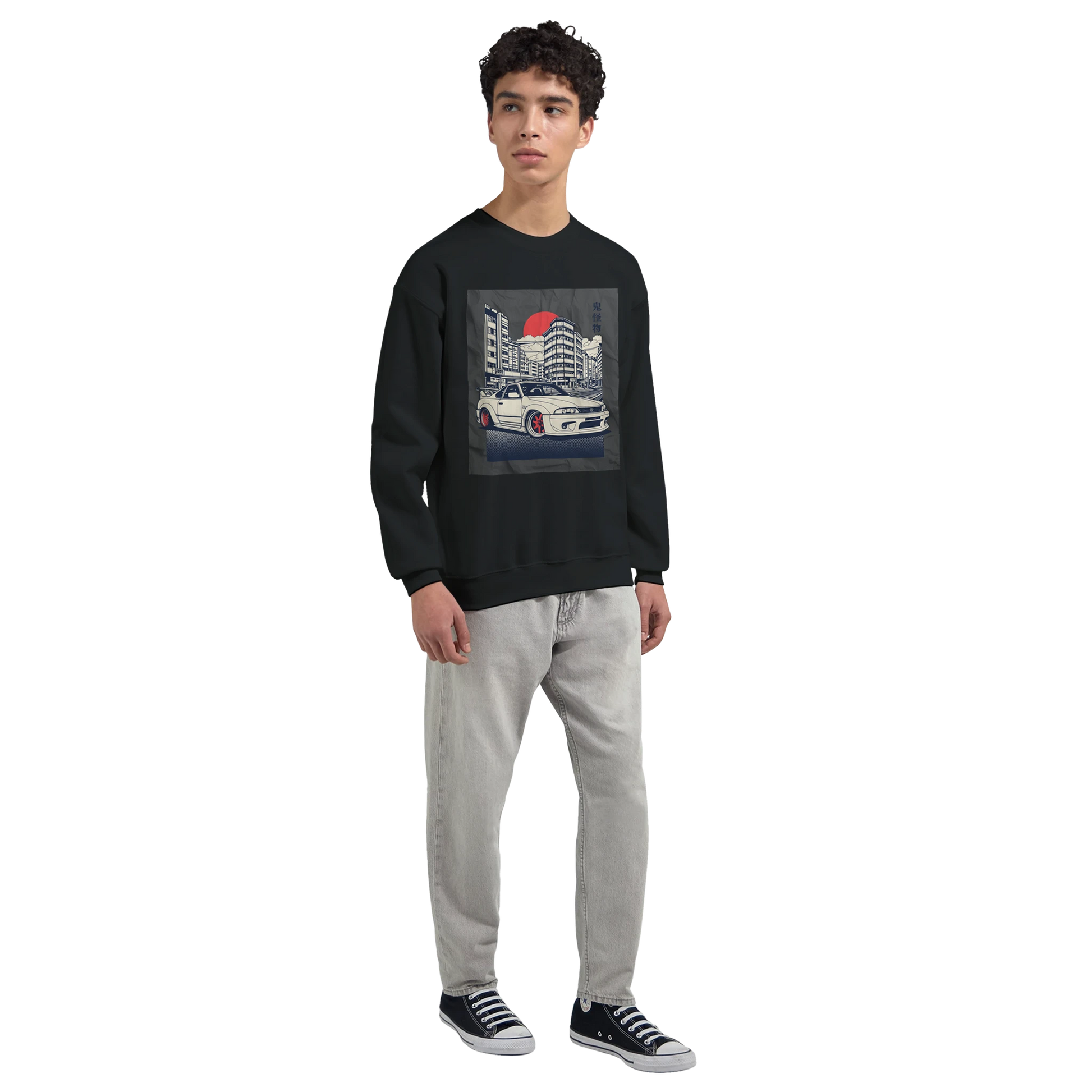Male model wearing Car Jumper JDM Sweatshirt; black, soft cotton-poly blend with urban car graphic.