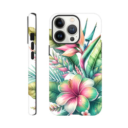 Tropical hibiscus floral iPhone case with impact-resistant protection and vivid botanical print wrapping the edges for durable street style.