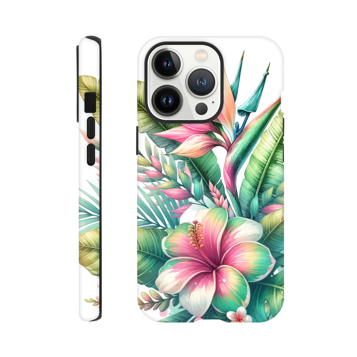 Tropical hibiscus floral iPhone case with impact-resistant protection and vivid botanical print wrapping the edges for durable street style.