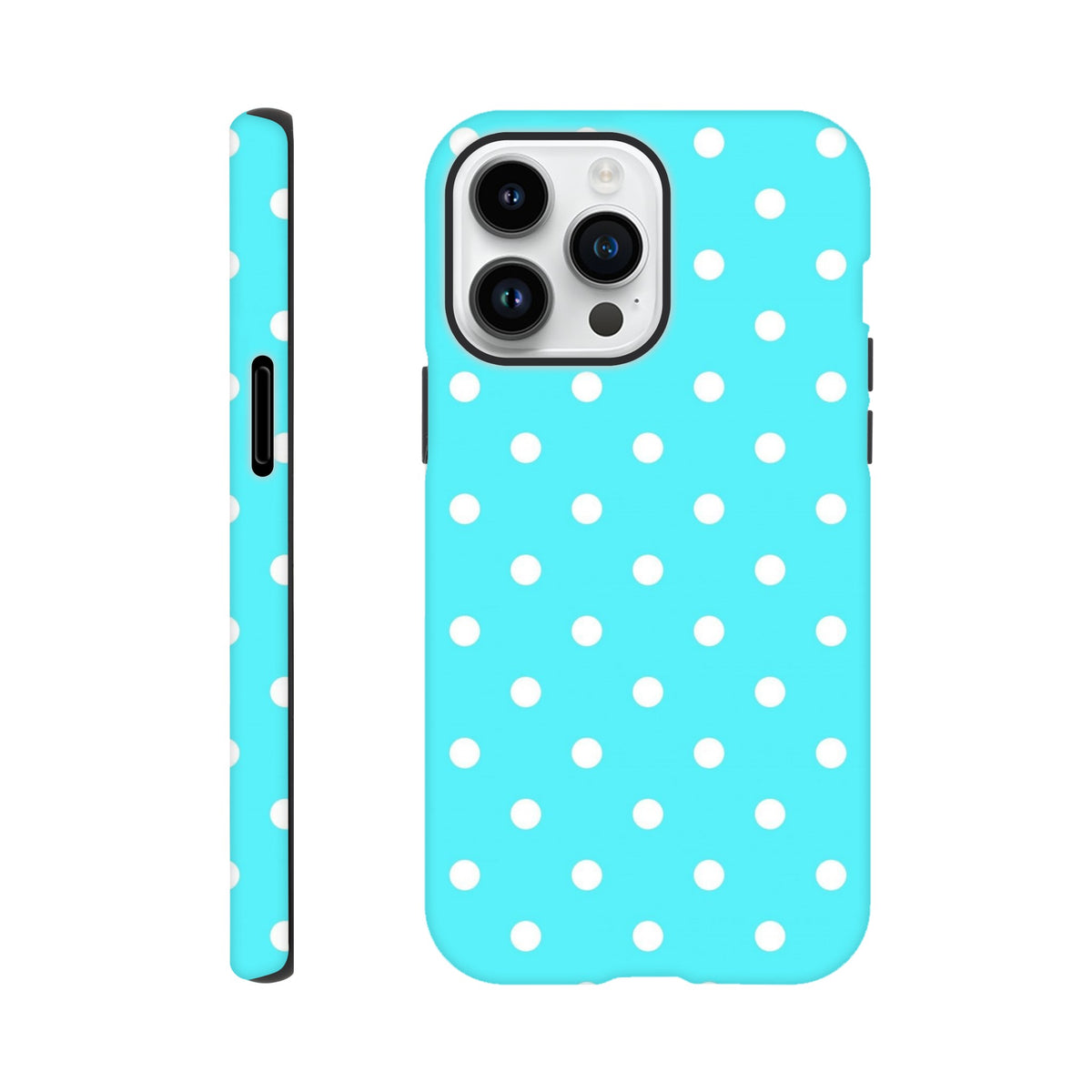 Turquoise & white polka dot tough iPhone case with cute retro design and shock-absorbing TPU protection for models 13-16.